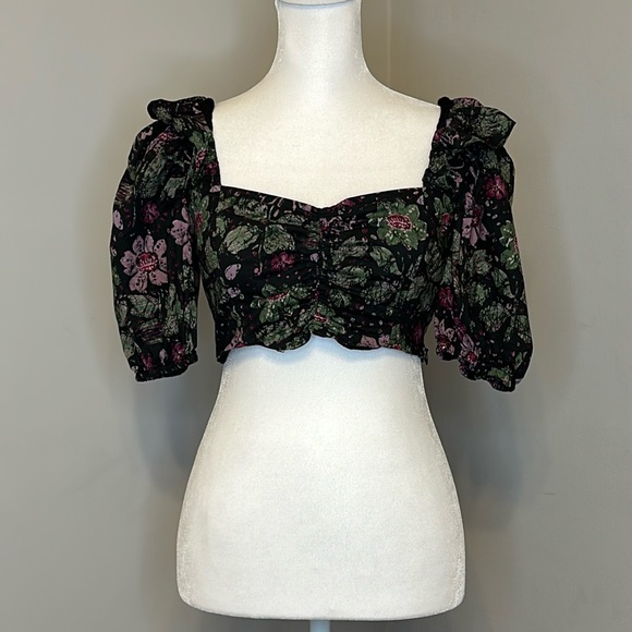 Zara Black Floral Print Crop Top - Picture 1 of 5